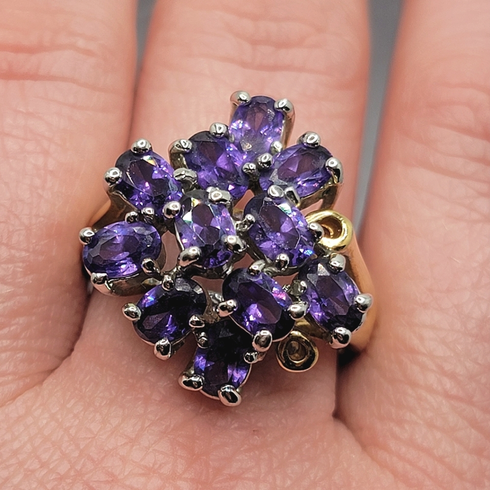 Vintage Gemstone Cluster Cocktail Ring  Amethyst Gold Tone